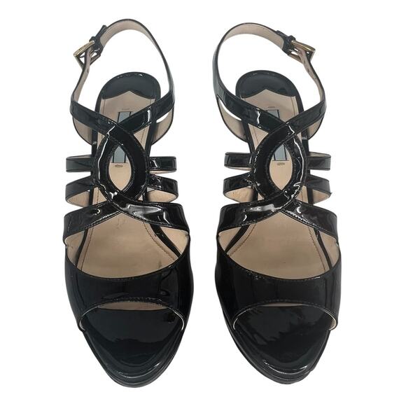 Prada Patent Leather Vitello Strappy Open Toe Heeled Sandals in Black - Picture 5 of 14